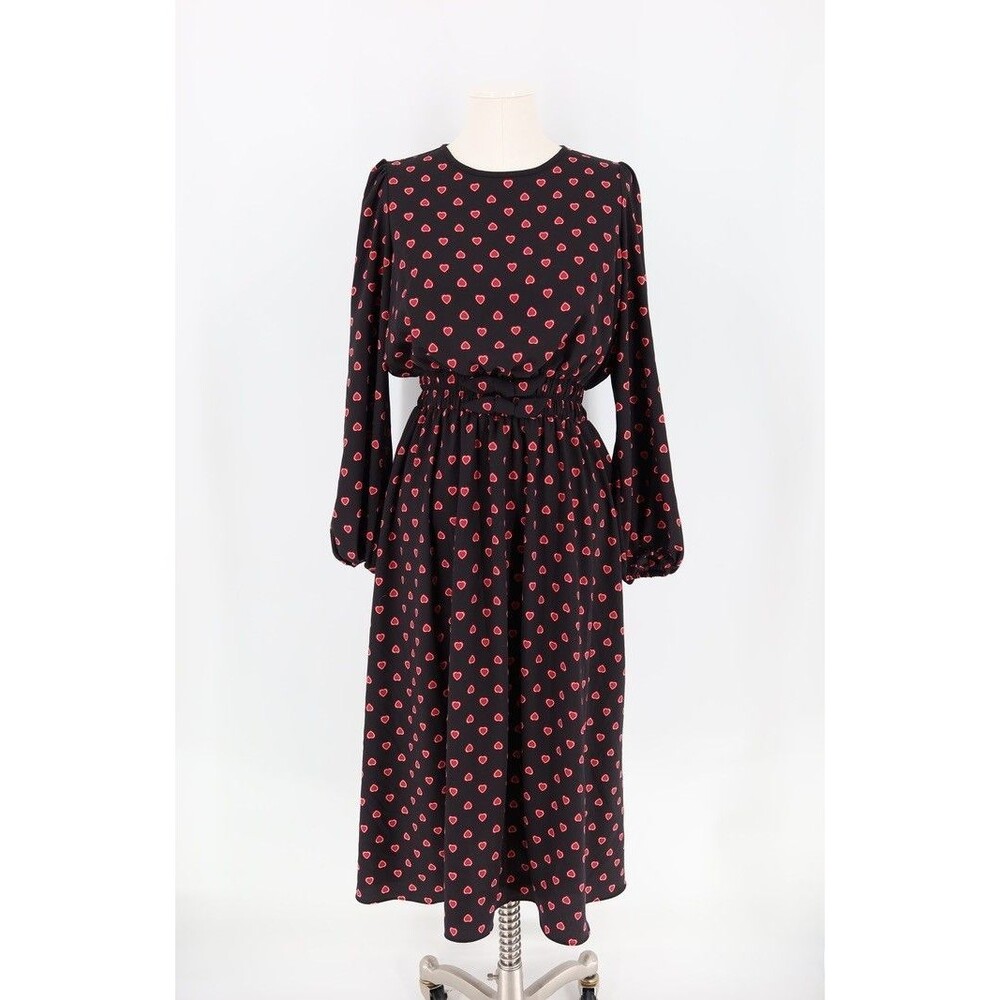 Kate Spade NewYork Black Heart VALENTINE Long Sleeve Heartfelt Midi Dress Sz S